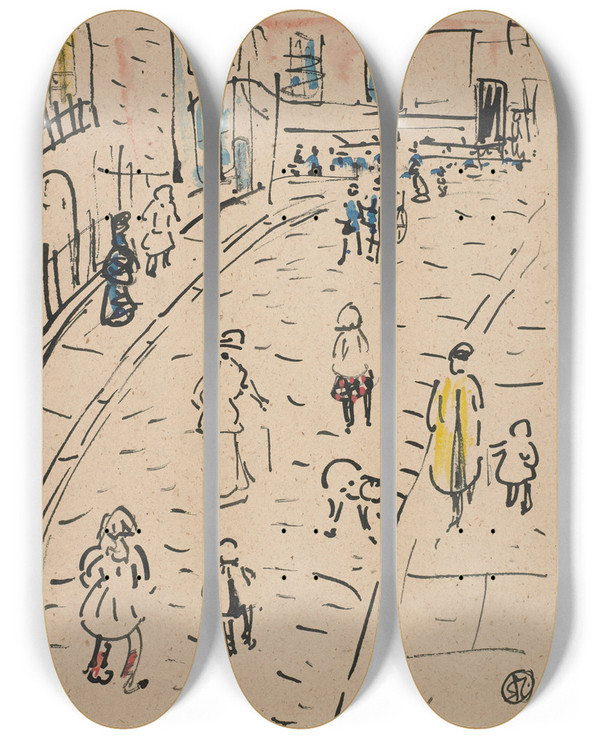 Triptych art skateboard deck of Raymond Mcintyre Street Scene With Figures by Raymond Mcintyre (1879-1933)