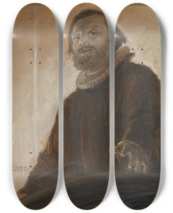 Triptych art skateboard deck of August Jerndorff Da Saa Jeg Op Paa Ham Han Ned Paa Mig by August Jerndorff (1846-1906)