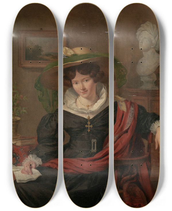 Triptych art skateboard deck of Charles Van Beveren Portrait Of Carolina Frederica Kerst Wife Of Louis Royer by Charles Van Beveren (1809-1850)