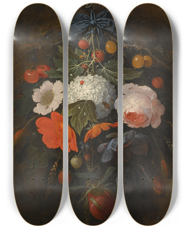 Triptych art skateboard deck of Abraham Mignon A Festoon Of Flowers And Fruit Including A Pink Rose A Poppy A Snowball Gooseberries And Fraises De Bois Along With A Variety Of Insects by Abraham Mignon (1640-1679)
