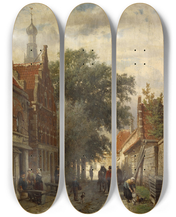 Triptych art skateboard deck of Cornelis Springer Street In Enkhuizen by Cornelis Springer (1817-1891)