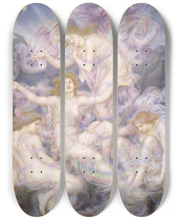 Triptych art skateboard deck of Evelyn De Morgan Daughters Of The Mist by Evelyn De Morgan (1855-1919)