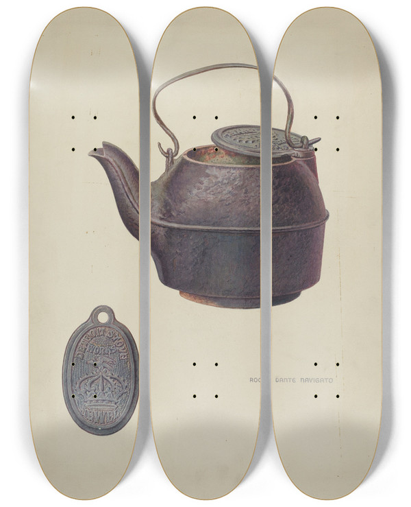 Triptych art skateboard deck of Rocco Navigato Iron Kettle by Rocco Navigato (20-)
