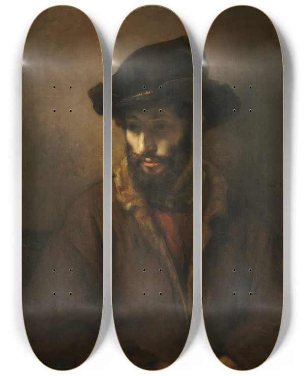 Triptych art skateboard deck of Rembrandt Van Rijn A Bearded Man Wearing A Hat by Rembrandt Van Rijn (1606-1669)
