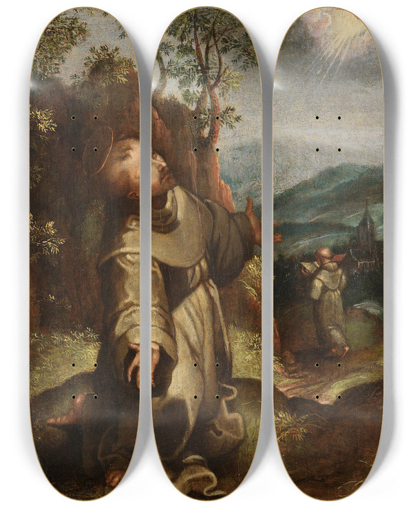 Triptych art skateboard deck of Julius Oldach Saint Francis Receives The Stigmata by Julius Oldach (1804-1830)