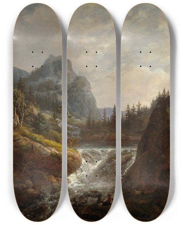 Triptych art skateboard deck of Johan Christian Dahl Norwegian Landscape by Johan Christian Dahl (1788-1857)