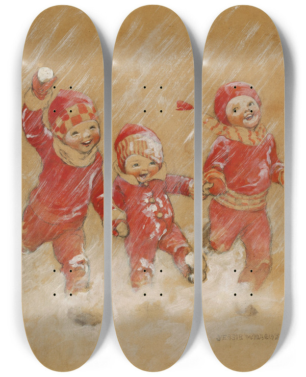 Triptych art skateboard deck of Jessie Willcox Smith Children Playing In The Snow by Jessie Willcox Smith (1863-1935)