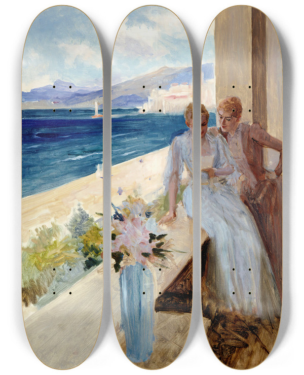 Triptych art skateboard deck of Albert Edelfelt The Artists Wife And Emilie Von Etter On The Balcony In Cannes by Albert Edelfelt (1854-1905)