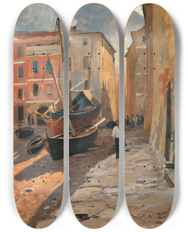 Triptych art skateboard deck of Alfred Zoff A Harbour On The Riviera by Alfred Zoff (1852-1927)
