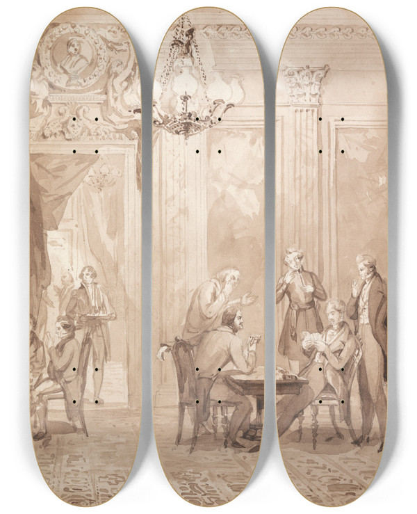 Triptych art skateboard deck of Henry Dawe The Life Of A Nobleman Scene The Fifth The Gambling House by Henry Dawe (1790-1848)