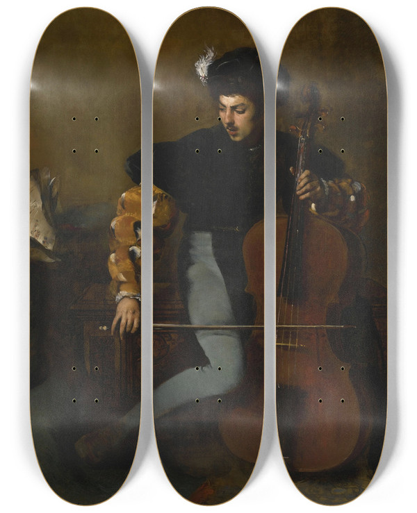 Triptych art skateboard deck of Ferdinand Roybet The Cellist by Ferdinand Roybet (1840-1920)