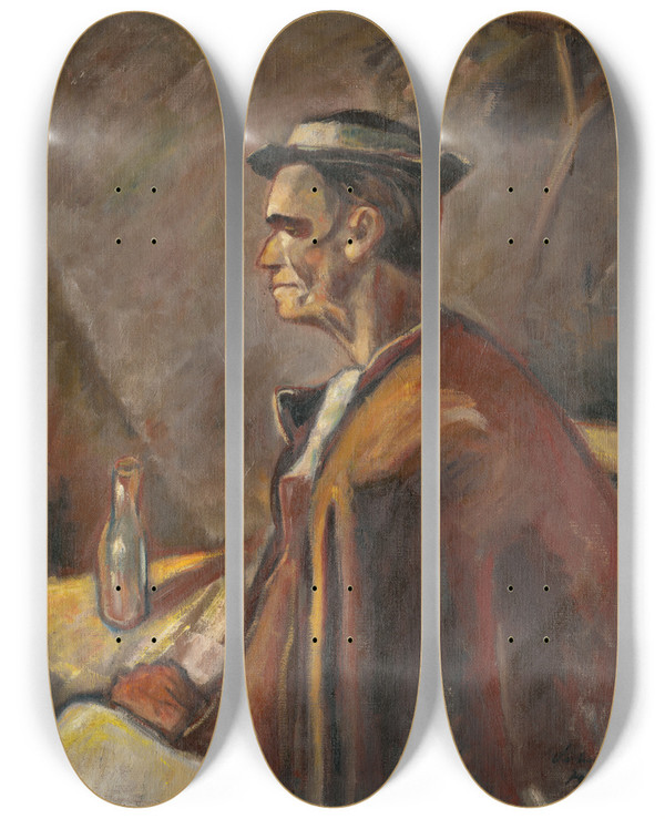Triptych art skateboard deck of Zolo Palugyay Drinking Spirits by Zolo Palugyay (1898-1935)