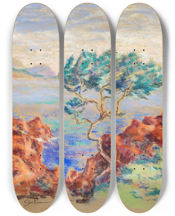 Triptych art skateboard deck of Armand Guillaumin Le Trayas Paysage Du Midi by Armand Guillaumin (1841-1927)