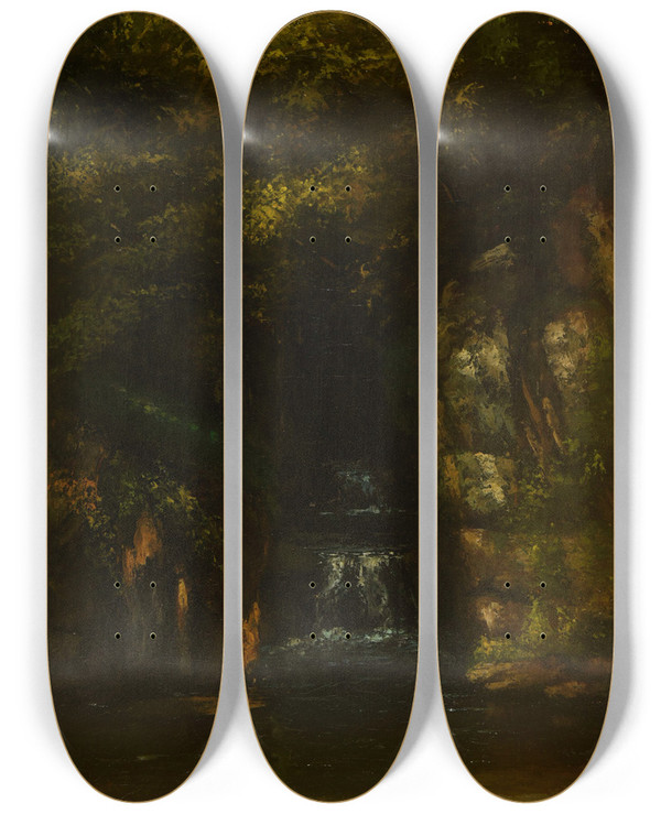 Triptych art skateboard deck of Gustave Courbet Paysage Sans Ciel by Gustave Courbet (1819-1877)
