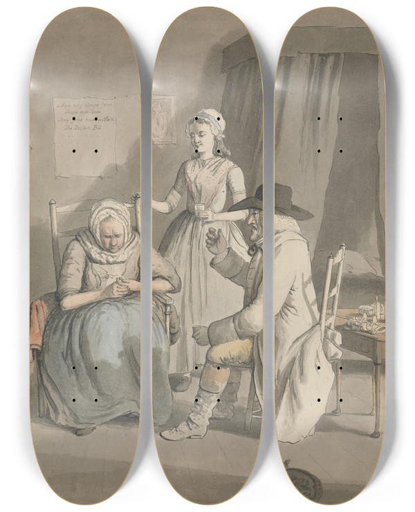 Triptych art skateboard deck of John Collet The Doctors Pill by John Collet (1725-1780)