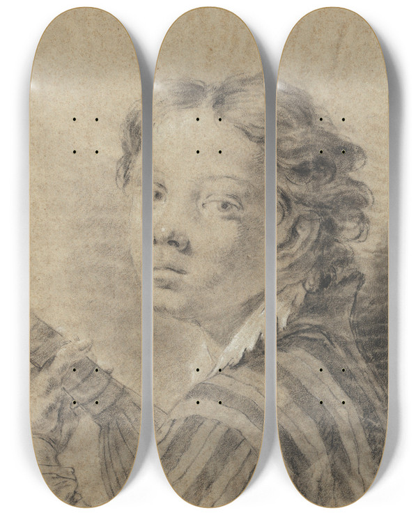 Triptych art skateboard deck of Giovanni Battista Piazzetta A Boy With A Lute by Giovanni Battista Piazzetta (1682-1754)