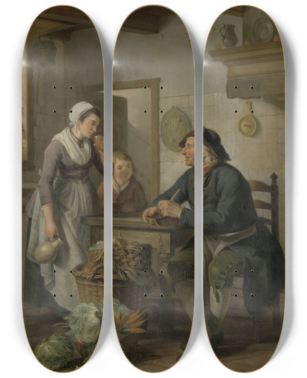 Triptych art skateboard deck of Adriaan De Lelie Morning Visit by Adriaan de Lelie (1755-1820)