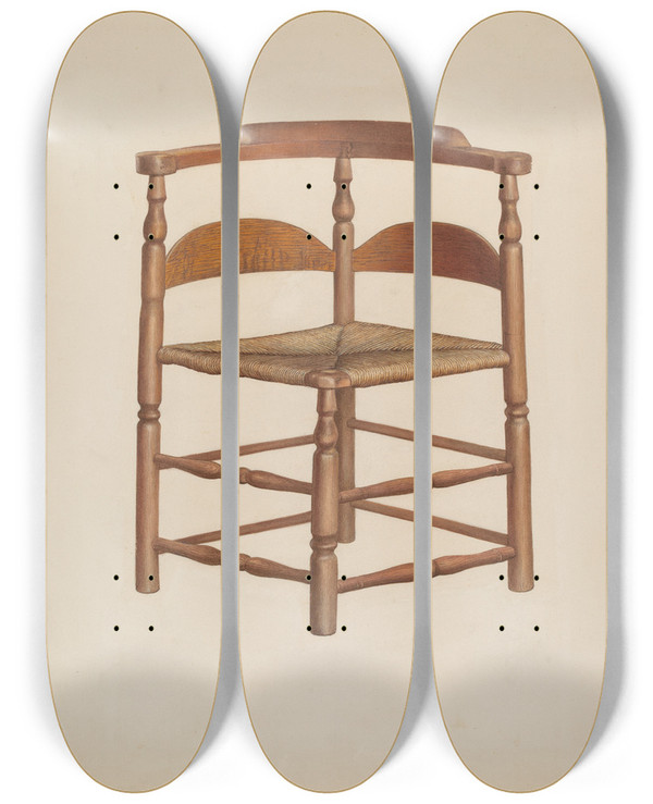 Triptych art skateboard deck of Rolland Livingstone Corner Chair by Rolland Livingstone
