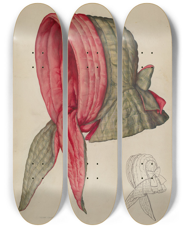 Triptych art skateboard deck of Lillian Causey Sleighing Bonnet by Lillian Causey (20-)