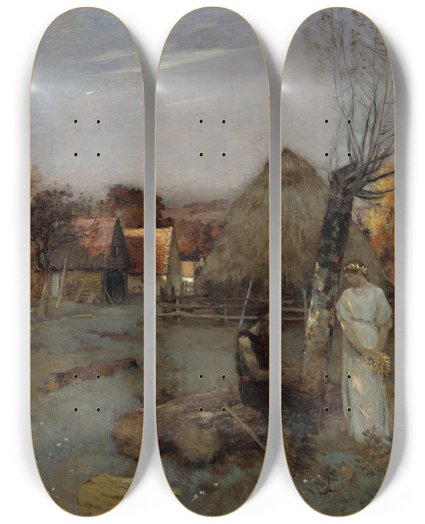 Triptych art skateboard deck of Jean Charles Cazin Theocritus by Jean Charles Cazin (1840-1901)