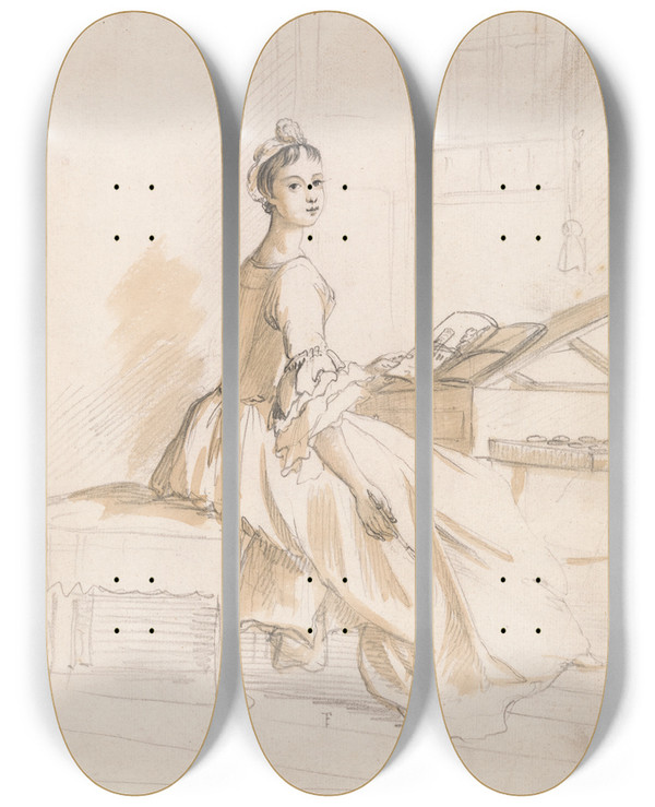 Triptych art skateboard deck of Paul Sandby Portrait Of A Lady At A Drawing Table by Paul Sandby (1731-1809)