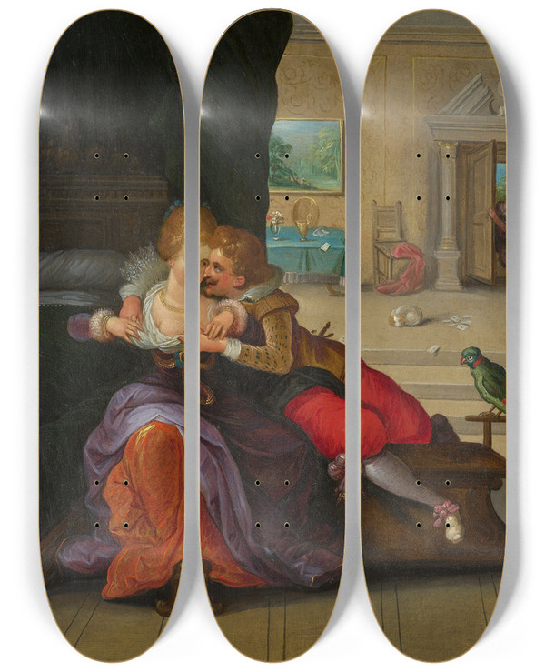 Triptych art skateboard deck of Frans Francken The Younger Feeling by Frans Francken the Younger (1581-1642)
