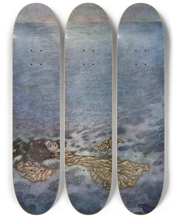 Triptych art skateboard deck of Edmund Dulac The Mermaid Pl 5 by Edmund Dulac (1882-1953)
