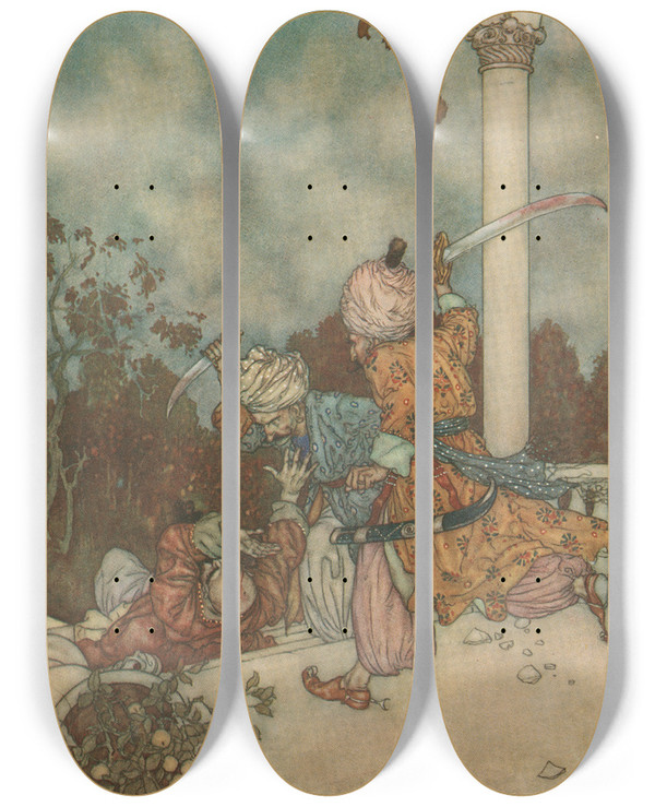 Triptych art skateboard deck of Edmund Dulac They Overtook Him Just As He Reached The Steps Of The Main Porch by Edmund Dulac (1882-1953)
