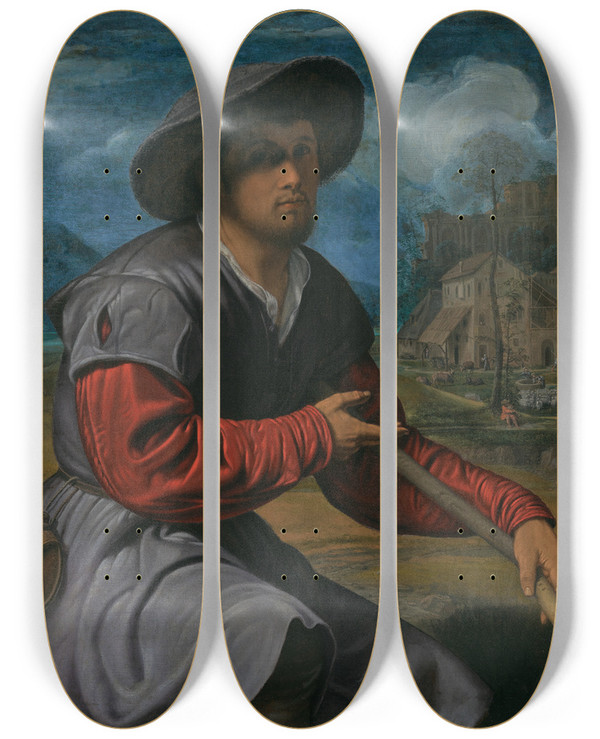 Triptych art skateboard deck of Giovanni Girolamo Savoldo Shepherd With A Flute by Giovanni Girolamo Savoldo (1485-1548)