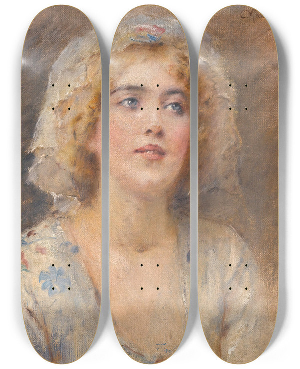 Triptych art skateboard deck of Konstantin Egorovich Makovsky Portrait Of A Girl by Konstantin Egorovich Makovsky (1839-1915)