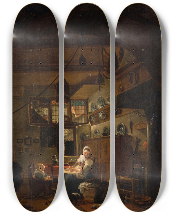 Triptych art skateboard deck of Thomas Wijck Interior Of A Dutch Farm Cottage by Thomas Wijck (1616-1677)