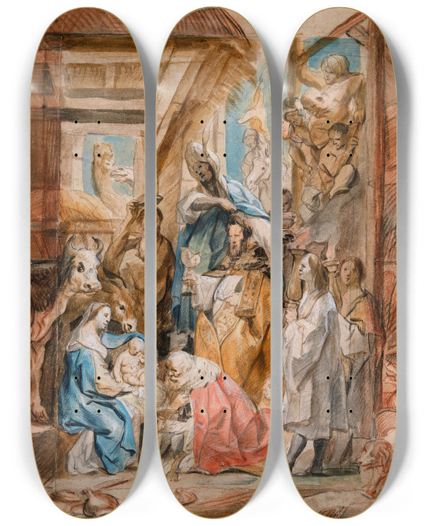 Triptych art skateboard deck of Jacob Jordaens The Adoration Of The Magi_1 by Jacob Jordaens (1593-1678)