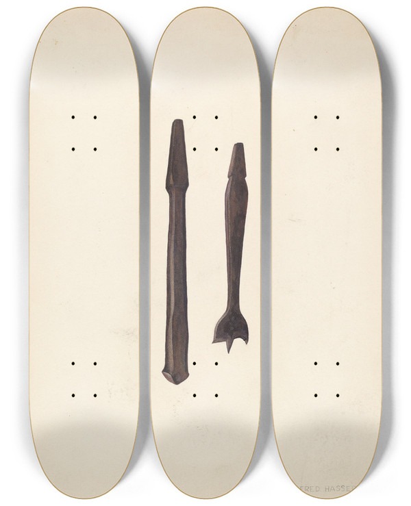 Triptych art skateboard deck of Fred Hassebrock Bit And Countersink by Fred Hassebrock