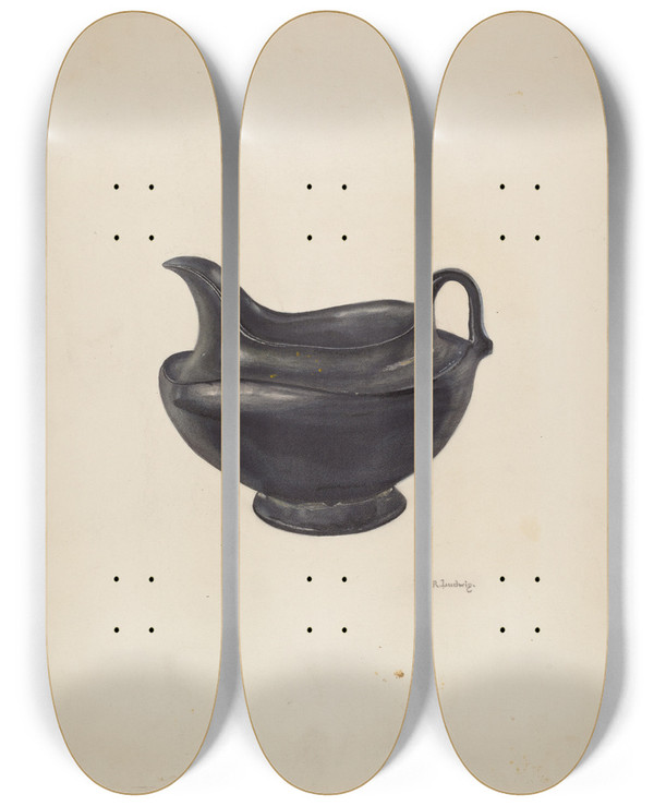 Triptych art skateboard deck of William Ludwig Moravian Pitcher by William Ludwig