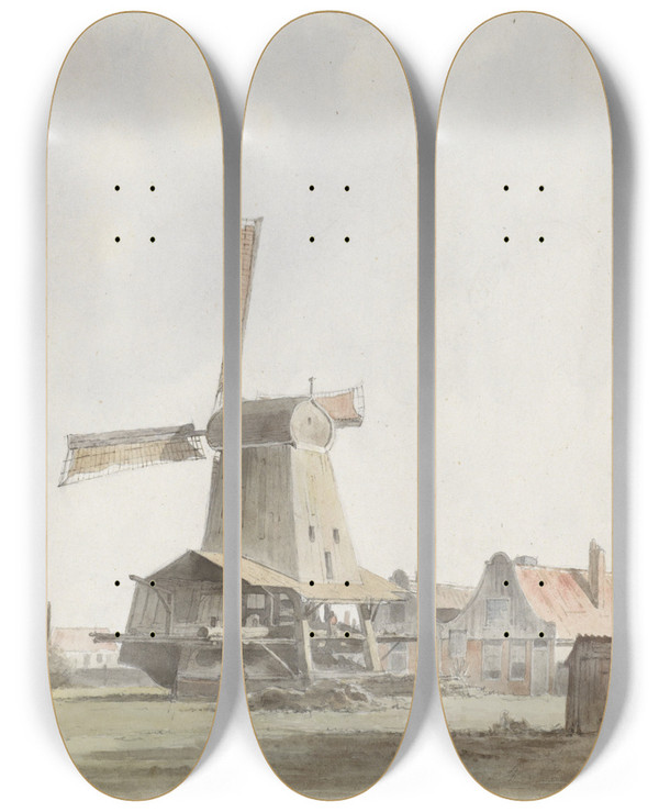 Triptych art skateboard deck of Hendrik Abraham Klinkhamer Houtzaagmolen_1 by Hendrik Abraham Klinkhamer (1810-1872)