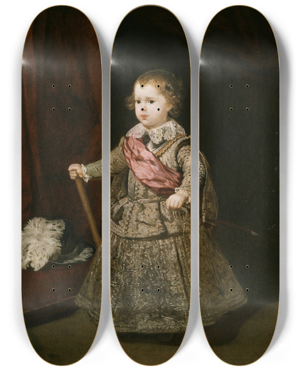 Triptych art skateboard deck of Diego Velzquez Prince Baltasar Carlos In Silver by Diego Velazquez (1599-1660)