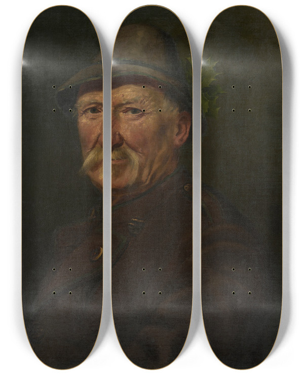 Triptych art skateboard deck of Ferdinand Keller Portrait Of A Hunter by Ferdinand Keller (1842-1922)