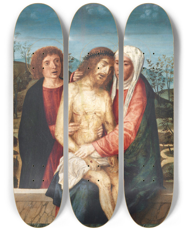 Triptych art skateboard deck of Giovanni Di Niccol Mansueti Piet With Virgin And St John by Giovanni Di Niccolo Mansueti (1485-1526)