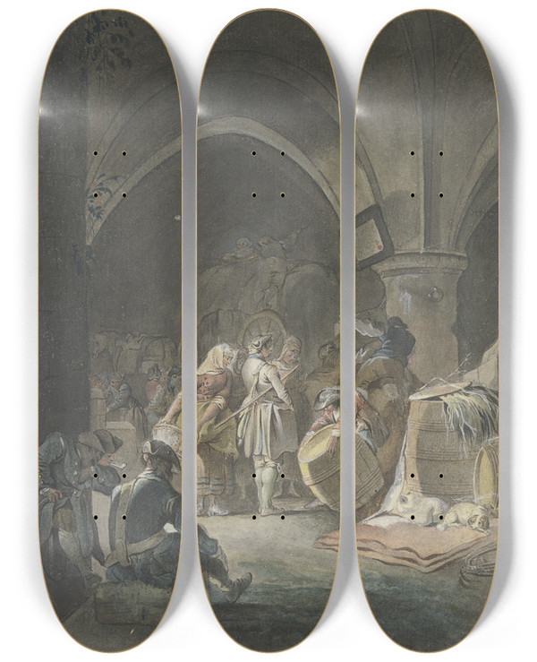 Triptych art skateboard deck of Gottlieb Welt Soldaten Und Marketenderinnen In Einem Gewlbe Mit Fssern Und Kisten_2 by Gottlieb Welte (1745-1792)