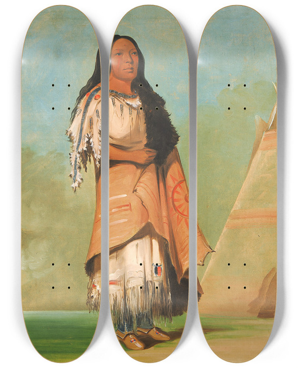 Triptych art skateboard deck of George Catlin Ahkayeepixen Woman Who Strikes Many by George Catlin (1796-1872)
