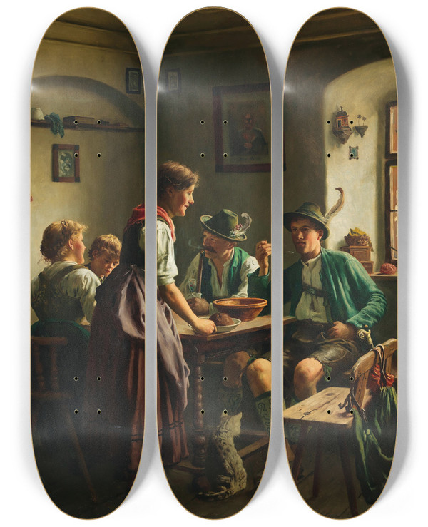 Triptych art skateboard deck of Emil Rau A Meal In The Mountains by Emil Rau (1858-1937)