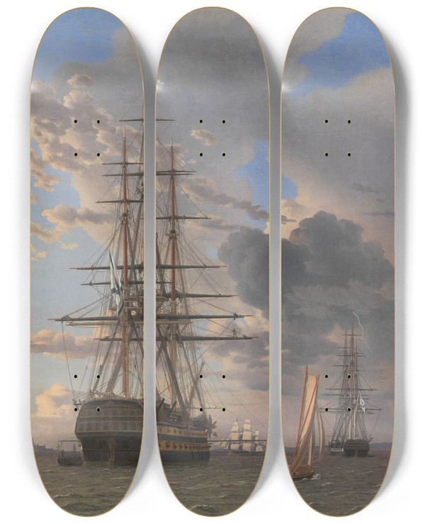 Triptych art skateboard deck of Christoffer Wilhelm Eckersberg The Russian Ship Of The Line Asow And A Frigate At Anchor Near Elsinore by Christoffer Wilhelm Eckersberg (1783-1853)