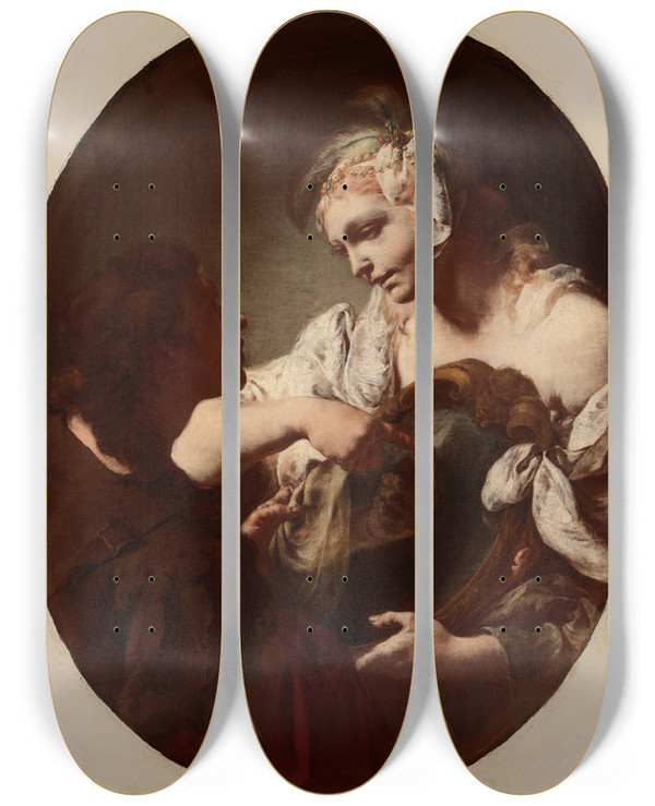 Triptych art skateboard deck of Giovanni Battista Piazzetta The Magic Mirror by Giovanni Battista Piazzetta (1682-1754)