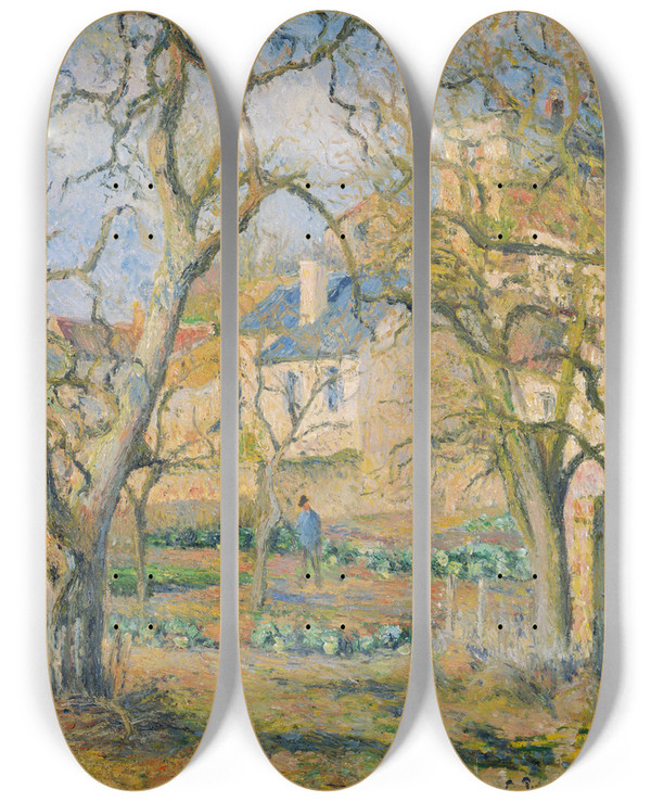 Triptych art skateboard deck of Camille Pissarro Vegetable Garden by Camille Pissarro (1830-1903)