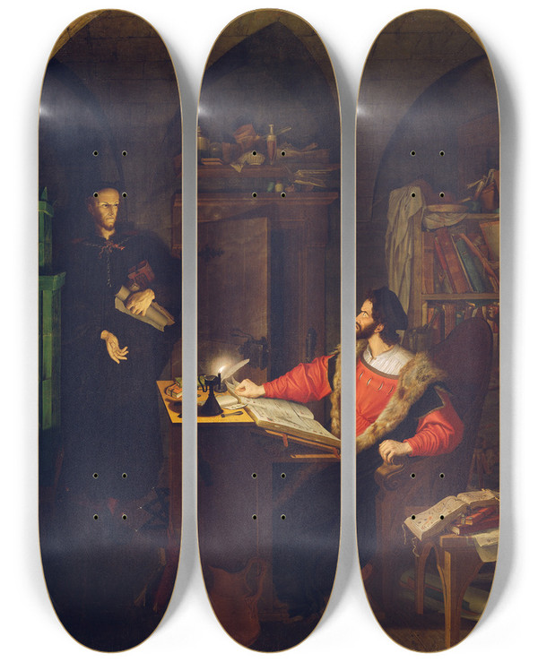 Triptych art skateboard deck of Ludwig Ferdinand Schnorr Von Carolsfeld Faust Und Mephisto In Der Studierstube Beschwrung Mephistos Durch Faust by Ludwig Ferdinand Schnorr Von Carolsfeld (1788-1853)