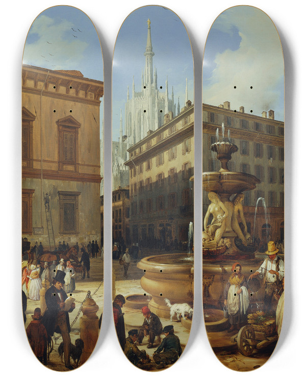 Triptych art skateboard deck of Angelo Inganni Straenansicht Aus Mailand Im Hintergrund Der Dom by Angelo Inganni (1807-1880)