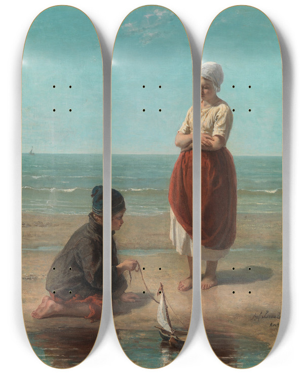 Triptych art skateboard deck of Jozef Israls Children Of The Sea_2 by Jozef Israels (1824-1911)