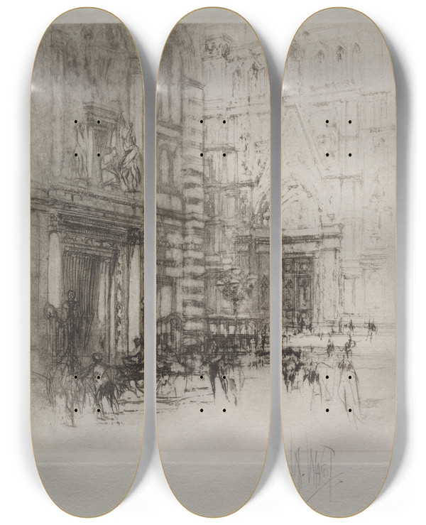 Triptych art skateboard deck of William Walcot The Baptistry Florence by William Walcot (1874-1943)