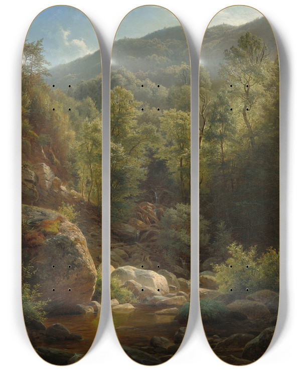 Triptych art skateboard deck of Paul Weber Scene In The Catskills by Paul Weber (1823-1916)