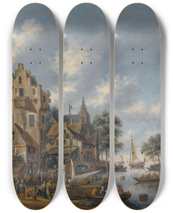 Triptych art skateboard deck of Thomas Heeremans A Town On The Banks Of A River With Figures At The Waterside by Thomas Heeremans (1641-1694)